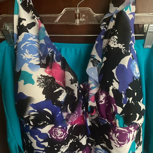 Vibrant Floral Swimsuit with Teal Overlay - Picture 3 of 3
